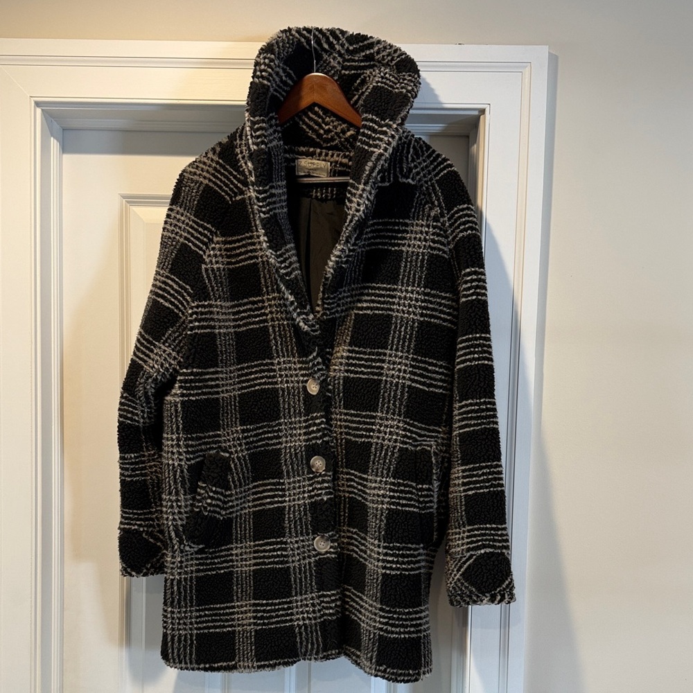 Z Supply Black and Gray Plaid Teddy Jacket
